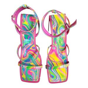 Bamboo Heels Swirl Print Open Toe Block Ankle Strap Sz 7.5 Party Shoes Used